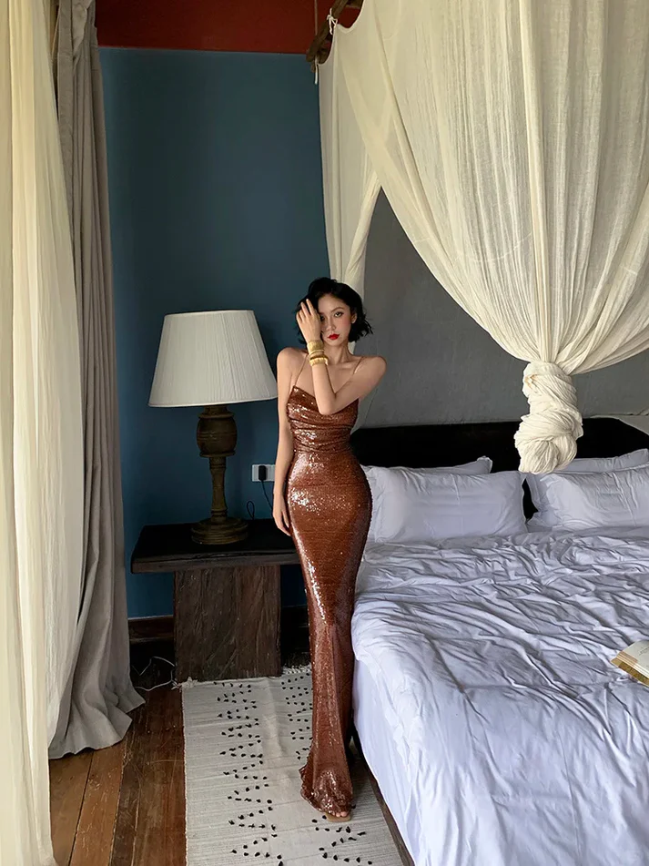 Shiny Brown Mermaid Halter Sequin Open Back Prom Dress Evening Dress