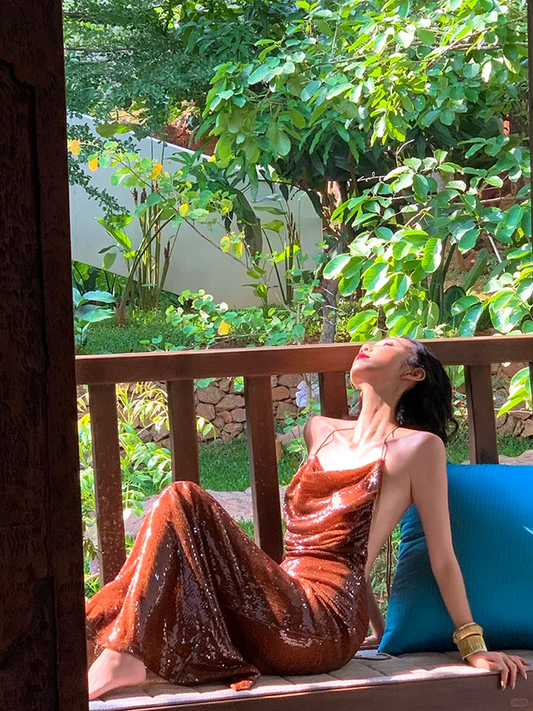 Shiny Brown Mermaid Halter Sequin Open Back Prom Dress Evening Dress