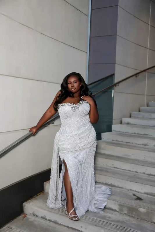 Silver Sequin Beads Long Prom Dresses Party Dress Plus Size Black Girl Outfits Graduation Dresses