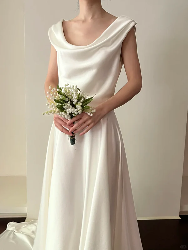 Simple A Line Round Neck White Satin Wedding Dress