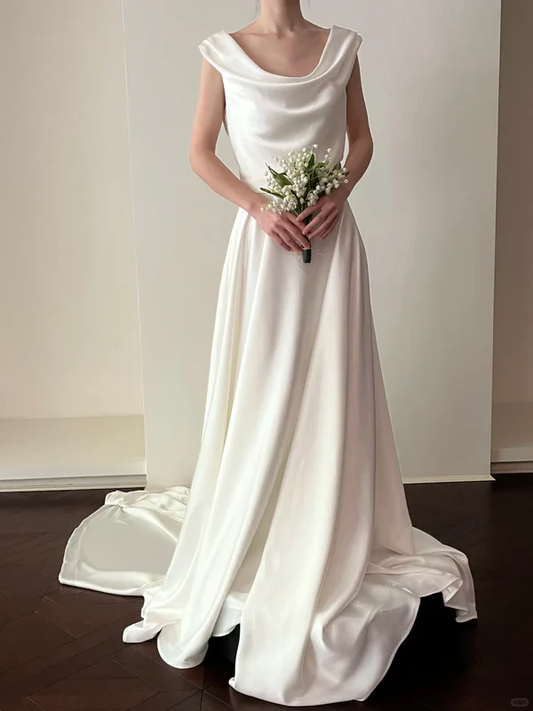 Simple A Line Round Neck White Satin Wedding Dress