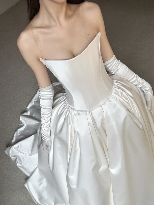 Simple Ball Gown Strapless White Satin Long Wedding Dress