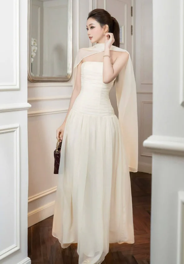 Simple Light Apricot A Line Strapless Chiffon Long Prom Dress Date Dress