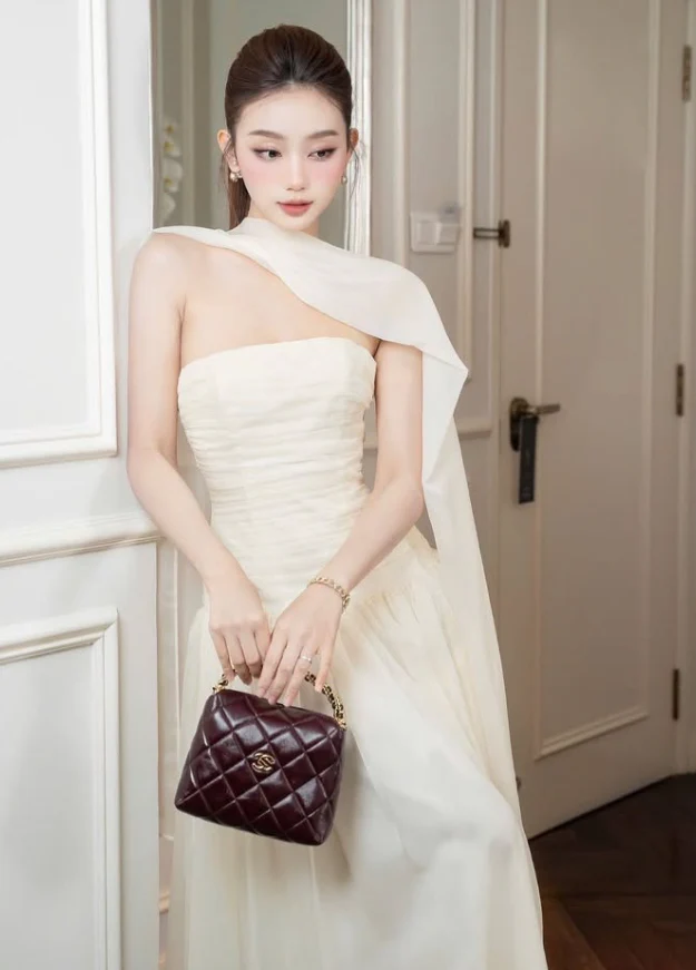 Simple Light Apricot A Line Strapless Chiffon Long Prom Dress Date Dress