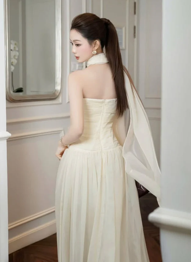 Simple Light Apricot A Line Strapless Chiffon Long Prom Dress Date Dress