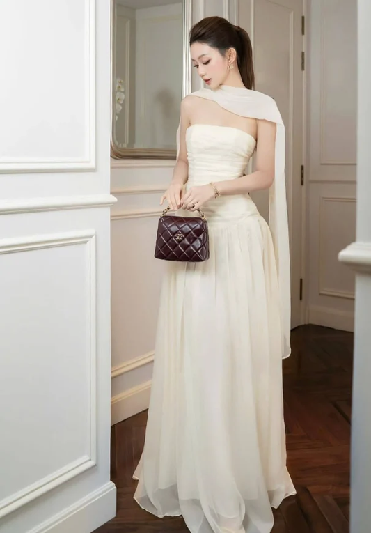 Simple Light Apricot A Line Strapless Chiffon Long Prom Dress Date Dress
