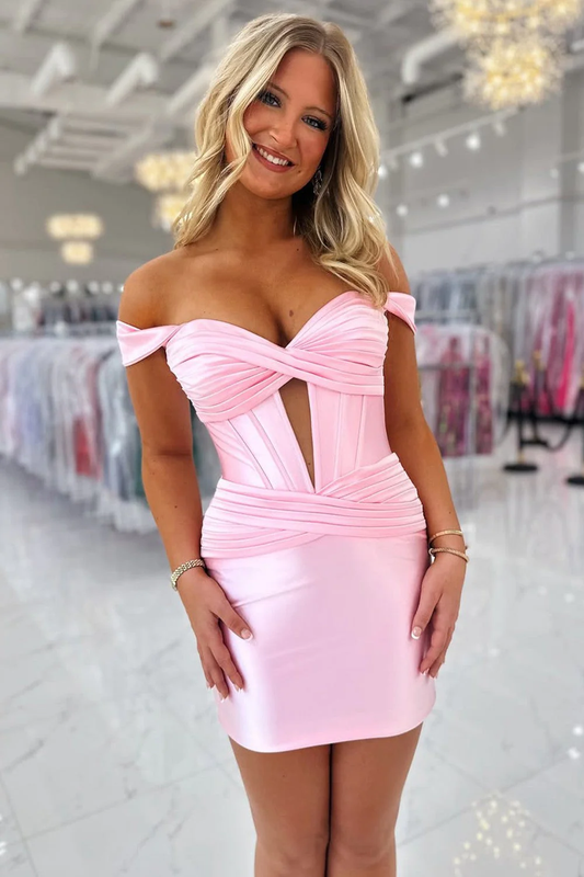 Simple Off the Shoulder Pink Silk Satin Short Homecoming Dress