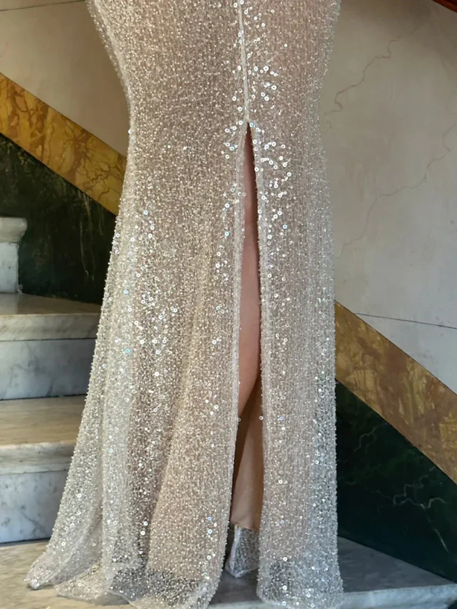 Simple Pink Mermaid Straps Sequin Prom Dresses With Split