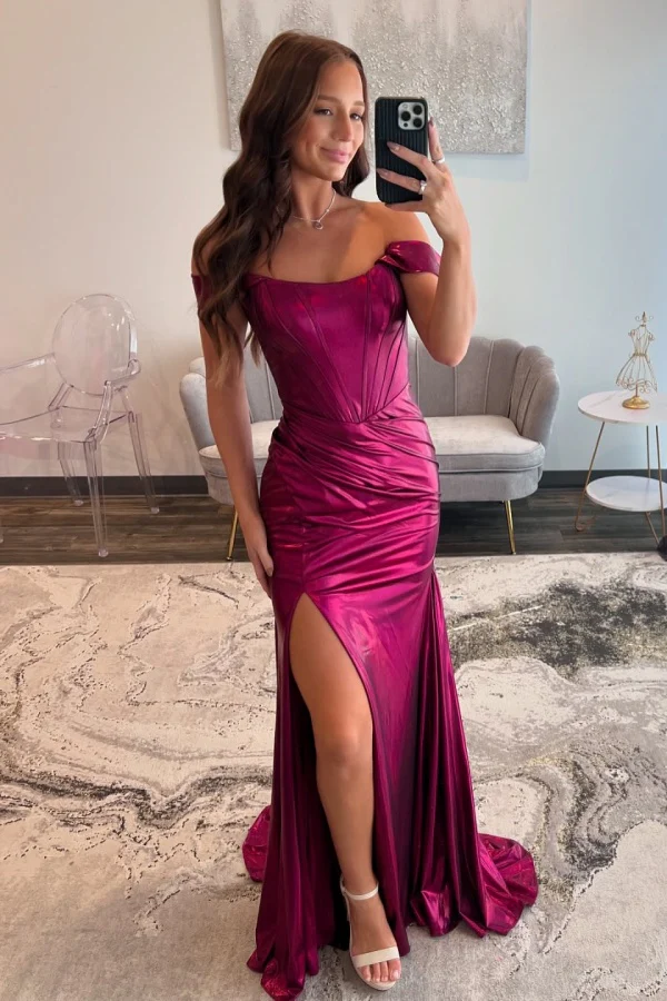 Simple Sheath Off Shoulder Sleeveless Pleated High Side Slit and Train Prom Party Dress Formal Evening Gown
