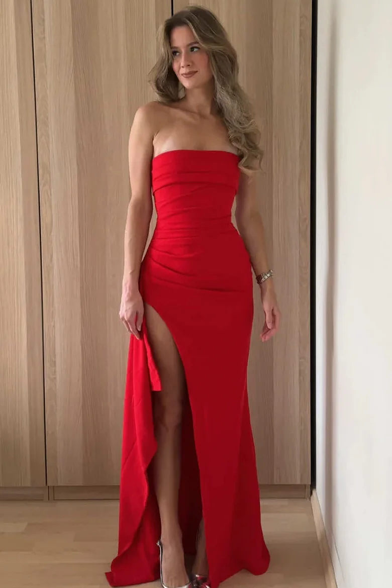 Simple Strapless Pleats Satin High Slit Sleeveless Long Prom Dress