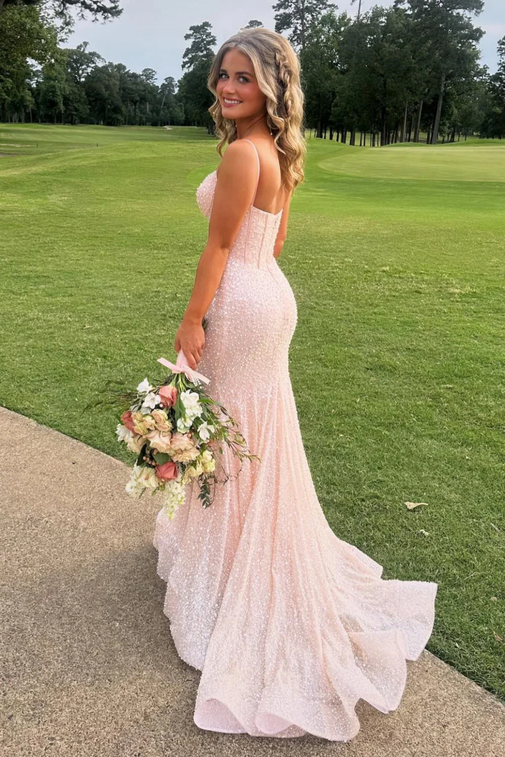 Sparkly Mermaid V Neck Blush Pink Sequins Long Prom Dress