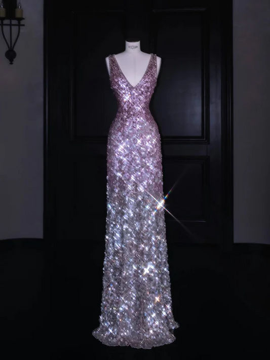 Sparkly Mermaid V Neck Pink Sequin Long Prom Dress Party Dress Graduation Dresses
