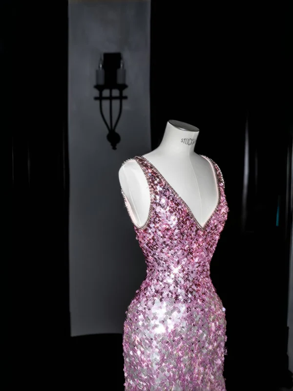 Sparkly Mermaid V Neck Pink Sequin Long Prom Dress Party Dress Graduation Dresses