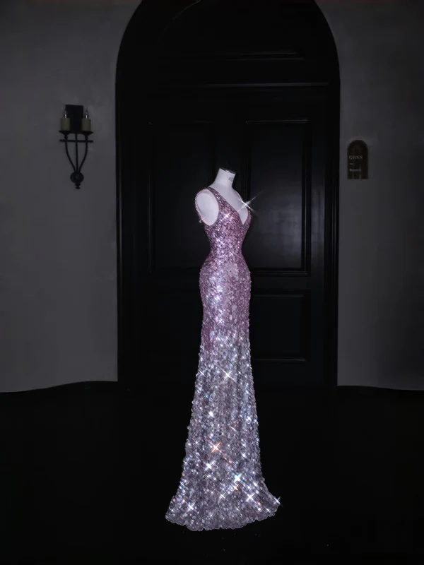 Sparkly Mermaid V Neck Pink Sequin Long Prom Dress Party Dress Graduation Dresses
