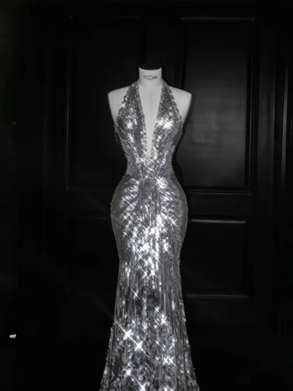 Sparkly Mermaid V Neck Silver Sequin Long Prom Dress Party Dress Graduation Dresses