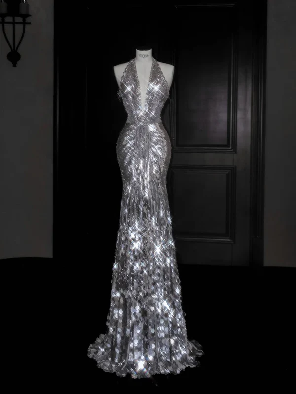 Sparkly Mermaid V Neck Silver Sequin Long Prom Dress Party Dress Graduation Dresses