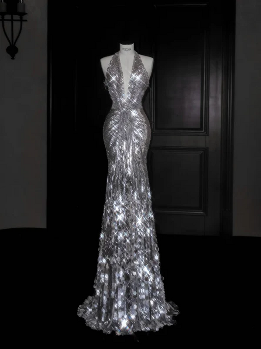 Sparkly Mermaid V Neck Silver Sequin Long Prom Dress Party Dress Graduation Dresses