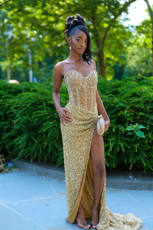 Sparkly Senior Prom Dresses High Schools Inspiration Mermaid Sweetheart Gold Split Sequins Long Semi Formal Grad Prom Dress For Black Girls Teens