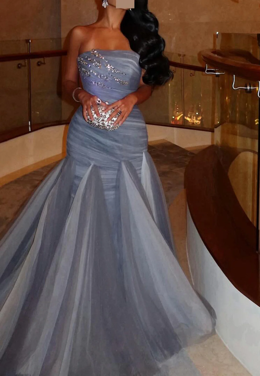 Straight Across Sleeveless Beaded Tulle Mermaid Formal Dress