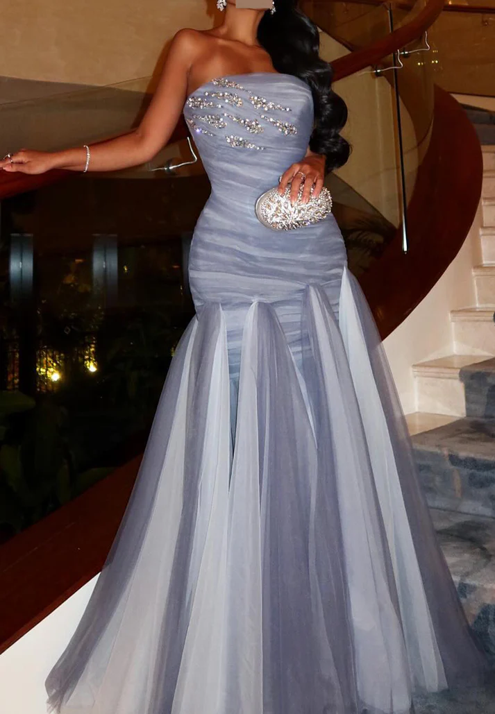 Straight Across Sleeveless Beaded Tulle Mermaid Formal Dress