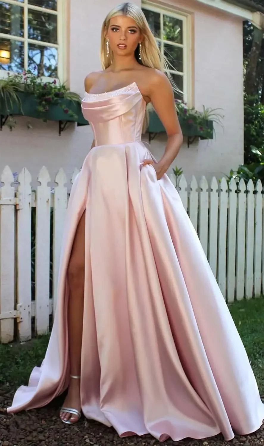 Strapless Corset Prom Dresses for Women with Slit Long Satin Formal Evening Gowns with Pockets Elegant Sleeveless Party Dress