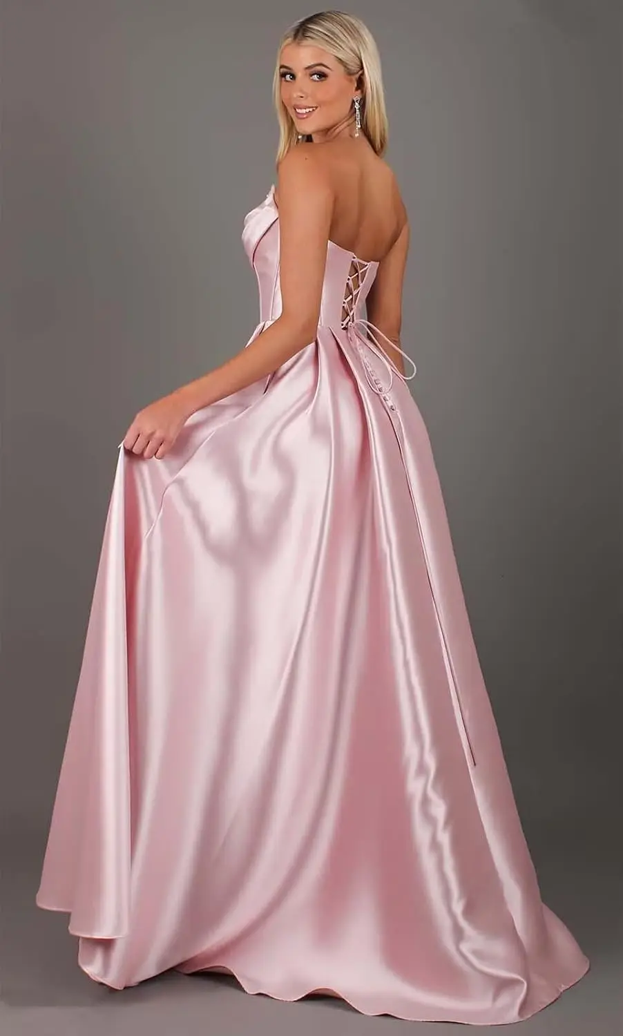 Strapless Corset Prom Dresses for Women with Slit Long Satin Formal Evening Gowns with Pockets Elegant Sleeveless Party Dress