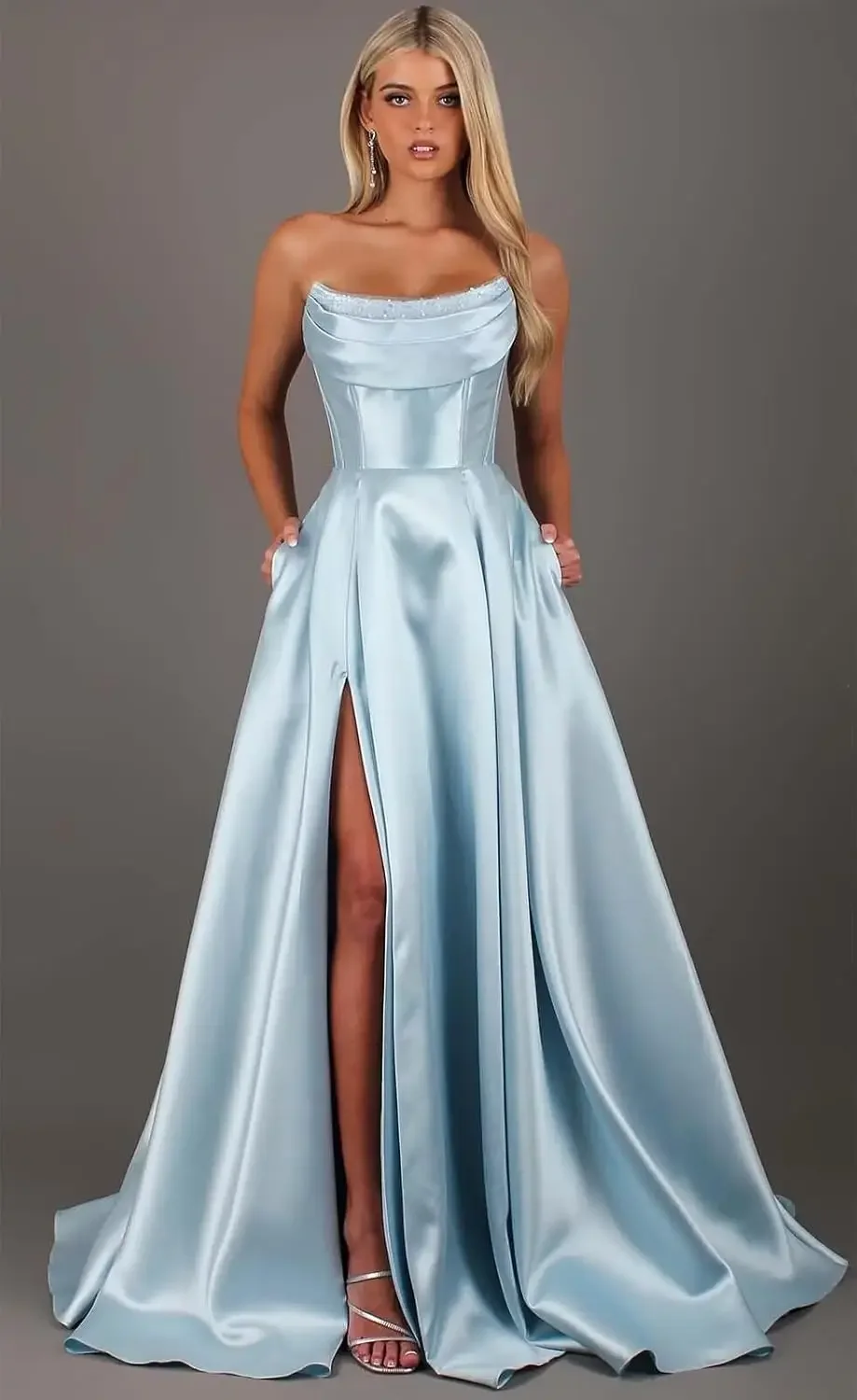 Strapless Corset Prom Dresses for Women with Slit Long Satin Formal Evening Gowns with Pockets Elegant Sleeveless Party Dress