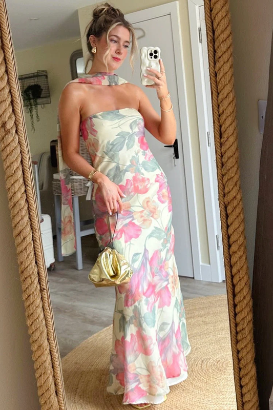 Strapless Fitted Floral Ribbon Tie Long Party Dress