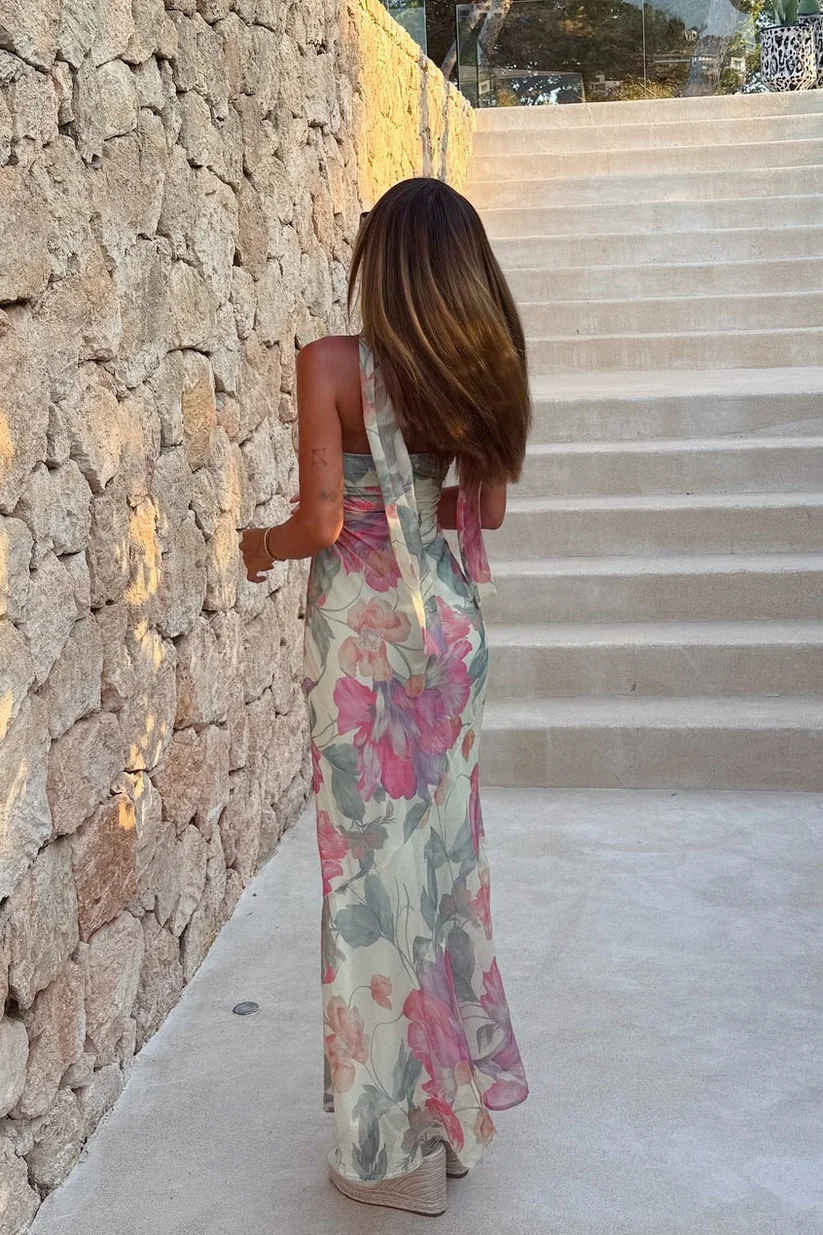 Strapless Fitted Floral Ribbon Tie Long Party Dress