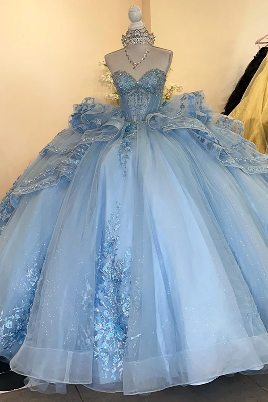 Strapless Sequins Appliques Ruffles Tiered Bow Knot Blue Sweet 15 Quinceañera Dress