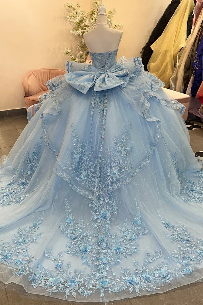 Strapless Sequins Appliques Ruffles Tiered Bow Knot Blue Sweet 15 Quinceañera Dress