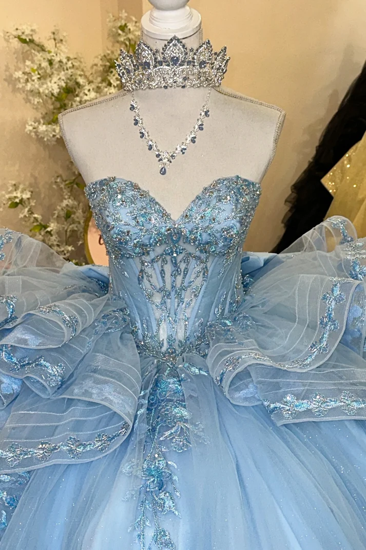 Strapless Sequins Appliques Ruffles Tiered Bow Knot Blue Sweet 15 Quinceañera Dress