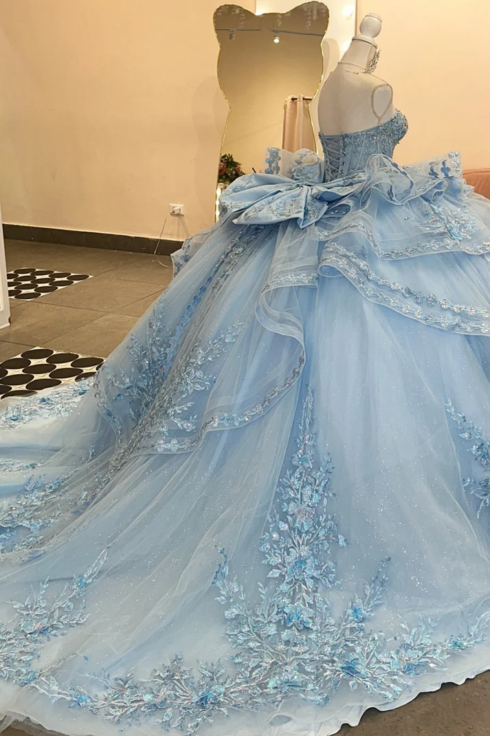 Strapless Sequins Appliques Ruffles Tiered Bow Knot Blue Sweet 15 Quinceañera Dress