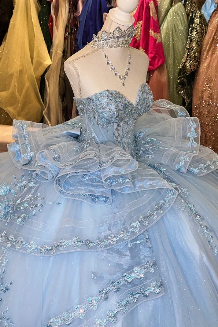 Strapless Sequins Appliques Ruffles Tiered Bow Knot Blue Sweet 15 Quinceañera Dress