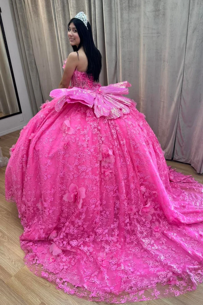 Strapless Sleeveless Beaded 3D Flower Appliques Hot Pink Sweet 15 Quinceañera Dress