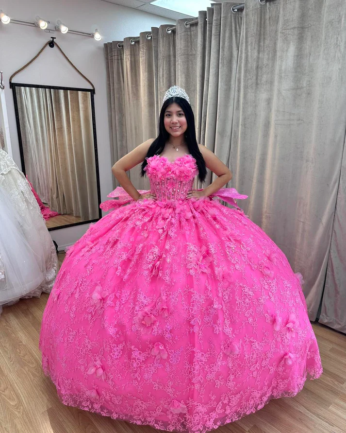 Strapless Sleeveless Beaded 3D Flower Appliques Hot Pink Sweet 15 Quinceañera Dress