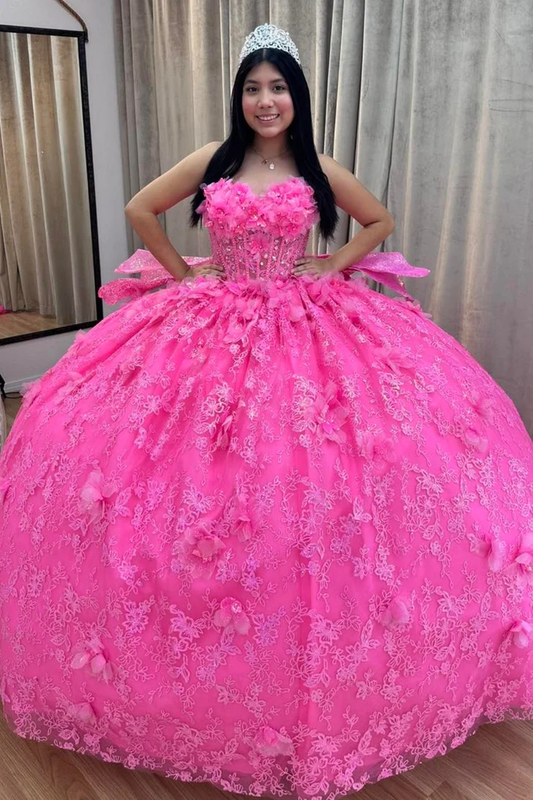 Strapless Sleeveless Beaded 3D Flower Appliques Hot Pink Sweet 15 Quinceañera Dress