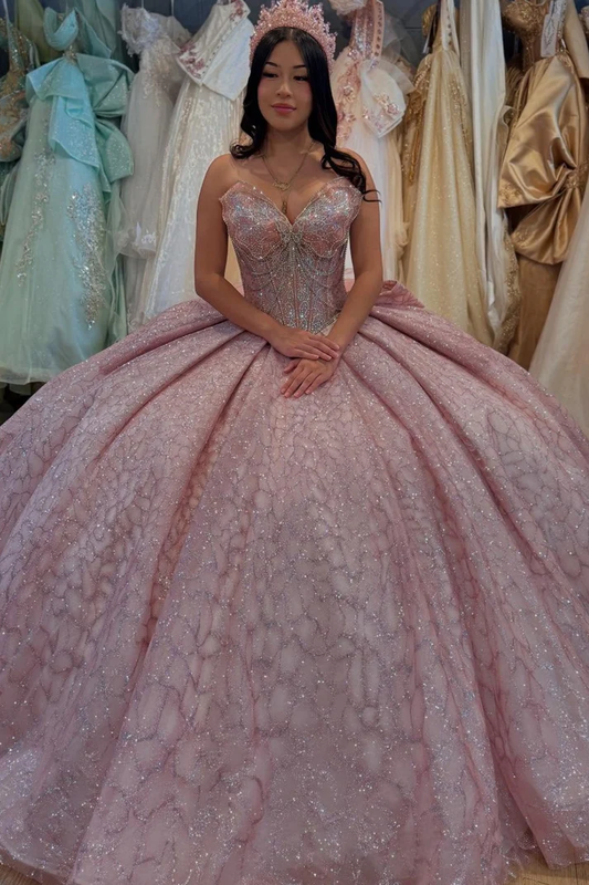 Strapless Sleeveless Beaded Bow Knot Pink Sweet 15 Quinceañera Dress