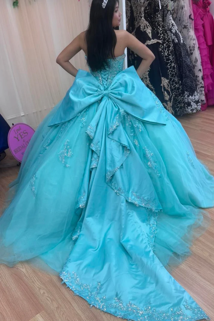 Strapless Sleeveless Sequins Appliques Bow Knot Ruffles Lake Blue Quinceañera Dress