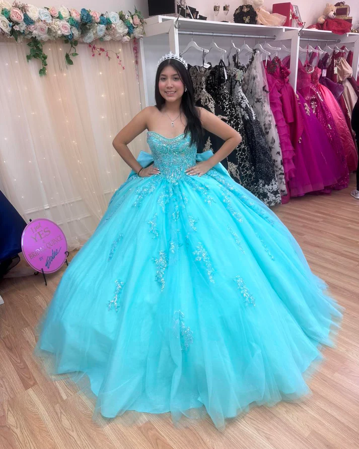 Strapless Sleeveless Sequins Appliques Bow Knot Ruffles Lake Blue Quinceañera Dress