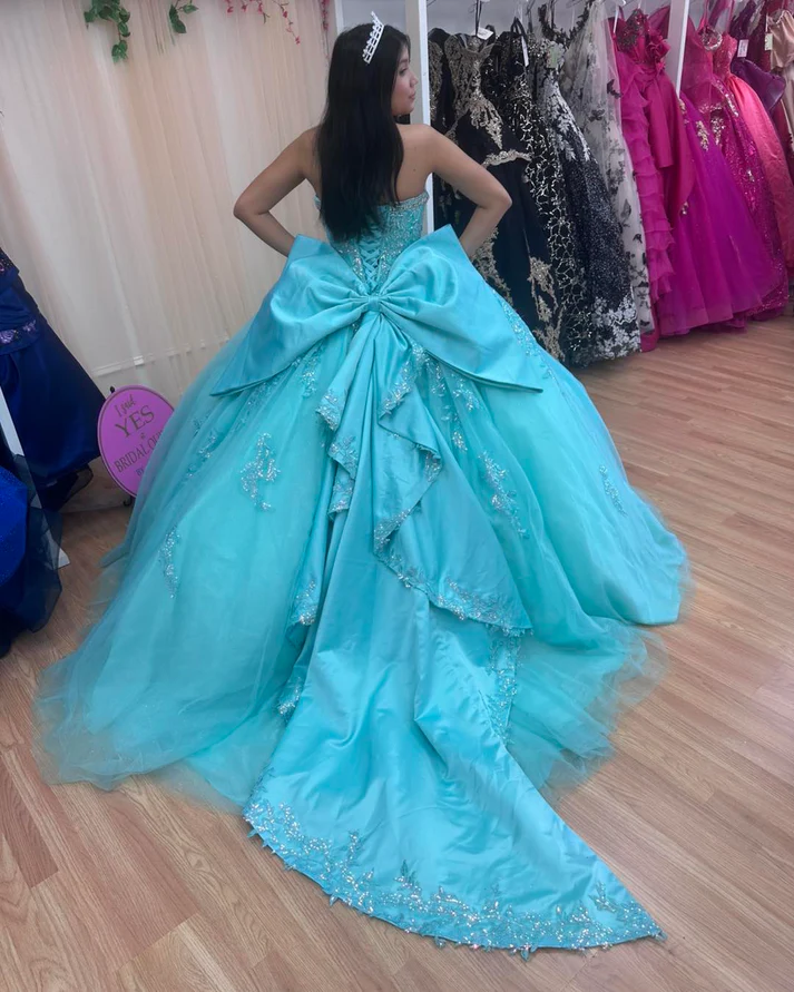 Strapless Sleeveless Sequins Appliques Bow Knot Ruffles Lake Blue Quinceañera Dress