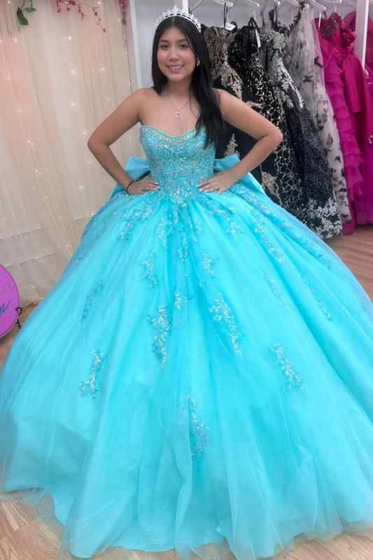Strapless Sleeveless Sequins Appliques Bow Knot Ruffles Lake Blue Quinceañera Dress