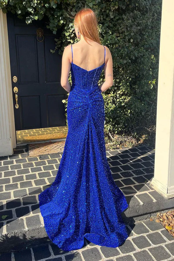 Strapless Spaghetti Straps Royal Blue Sequins Prom Dress with Train
