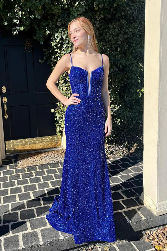 Strapless Spaghetti Straps Royal Blue Sequins Prom Dress with Train