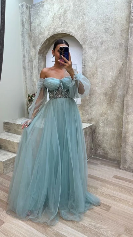 Strapless mint green corset tulle dress prom dress evening gown