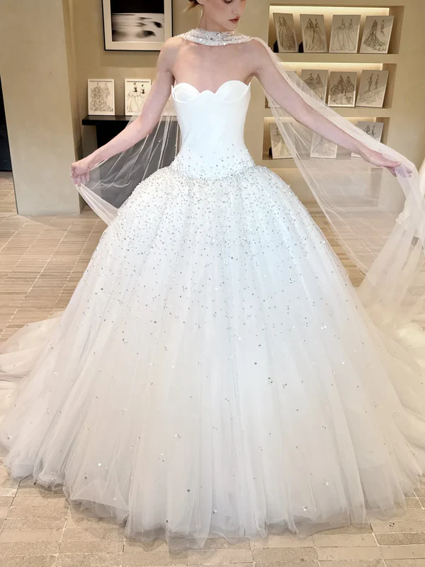 Stunning Ball Gown Strapless Exquisite Beaded White Satin Tulle Long Wedding Dress