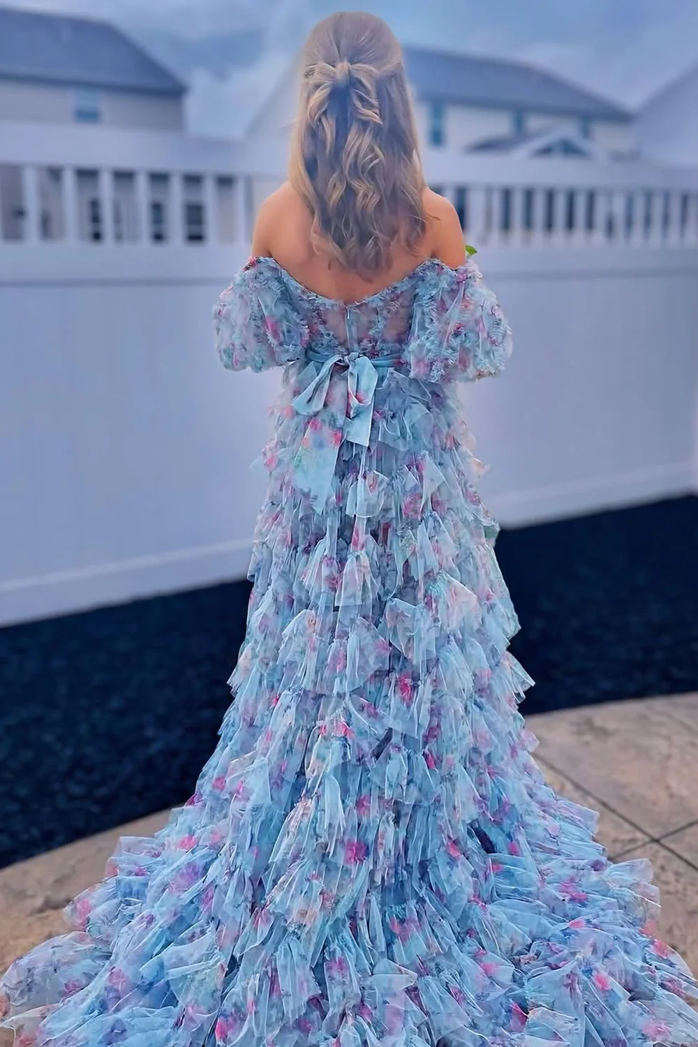 Sweet A Line Off the Shoulder Blue Floral Tulle Tiered Prom Dress
