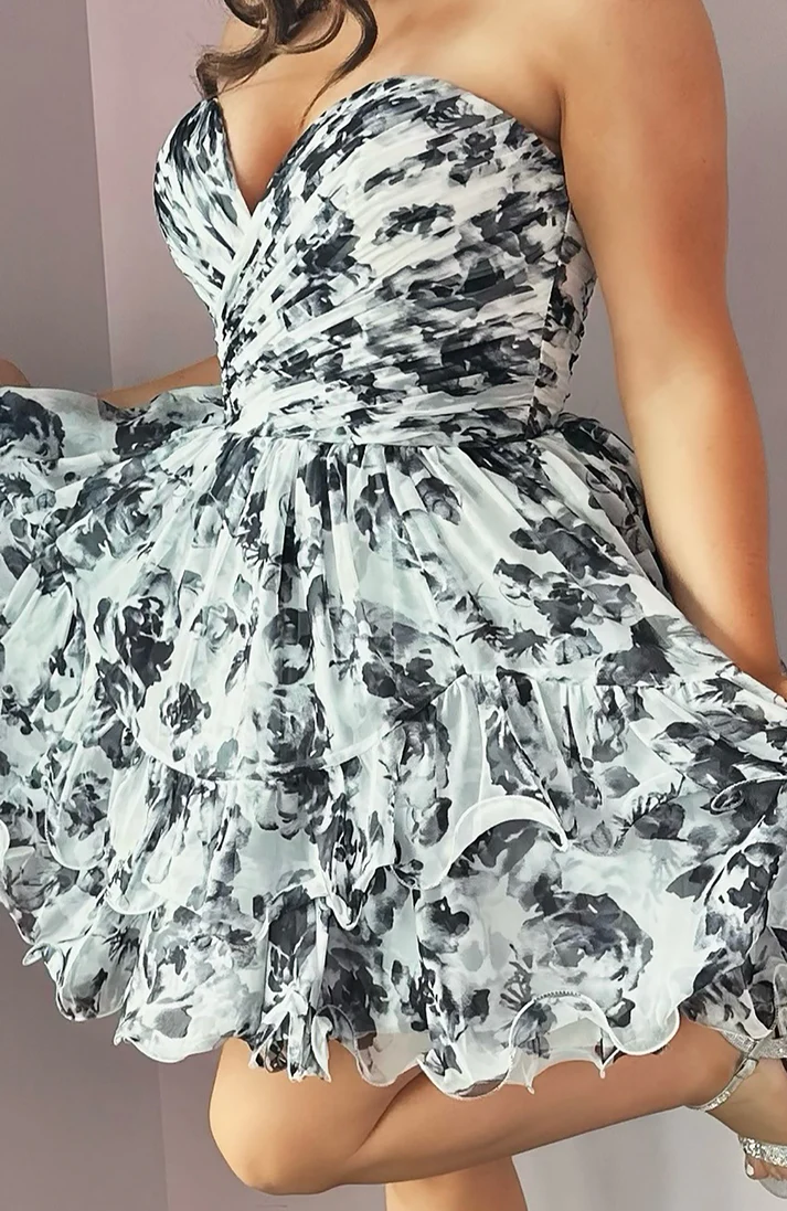 Sweetheart A Line Chiffon Black Floral Print Homecoming Dresses for Juniors