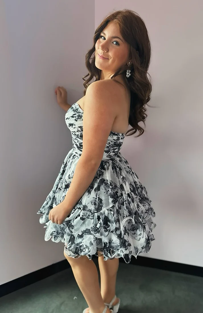 Sweetheart A Line Chiffon Black Floral Print Homecoming Dresses for Juniors