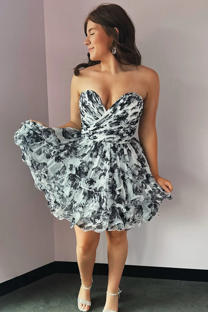 Sweetheart A Line Chiffon Black Floral Print Homecoming Dresses for Juniors